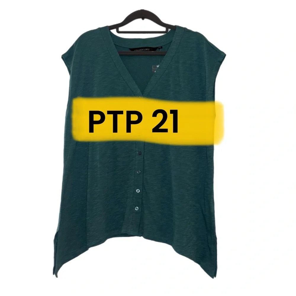 Colleen Lopez Green Cap Sleeve Boxy Button Down Shirt - Picture 7 of 8